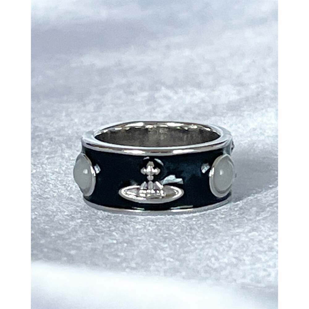VIVIENNE WESTWOOD Ring Band Black Enamel Signature Orb Logo Gold Silver Plated